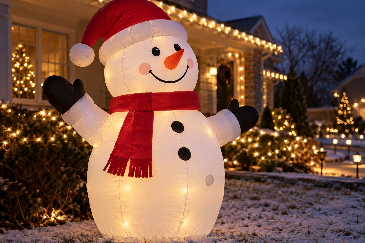 A glowing inflatable snowman with a game tag on its belly in a snowy front yard