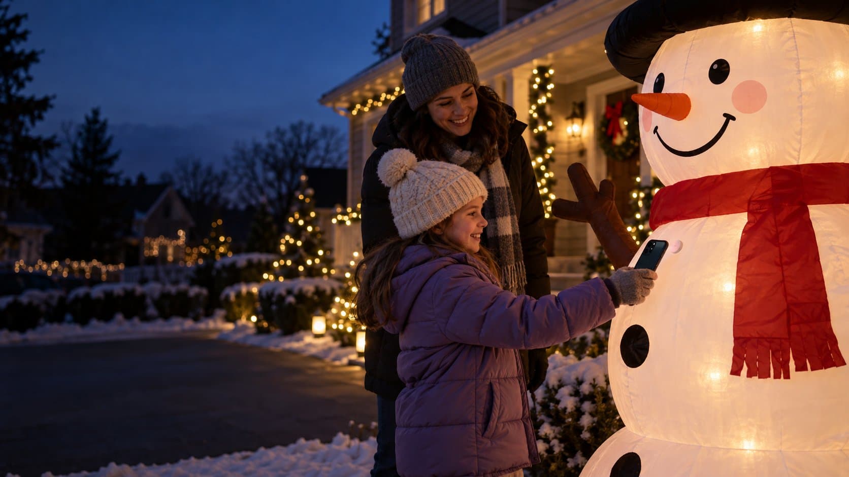 A girl taps her phone on the tag stuck to a glowing inflatable snowman in her front yard at dusk