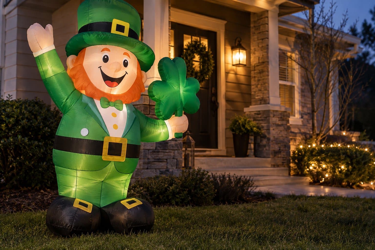 A glowing inflatable leprechaun holding a shamrock, with a game tag on his jacket