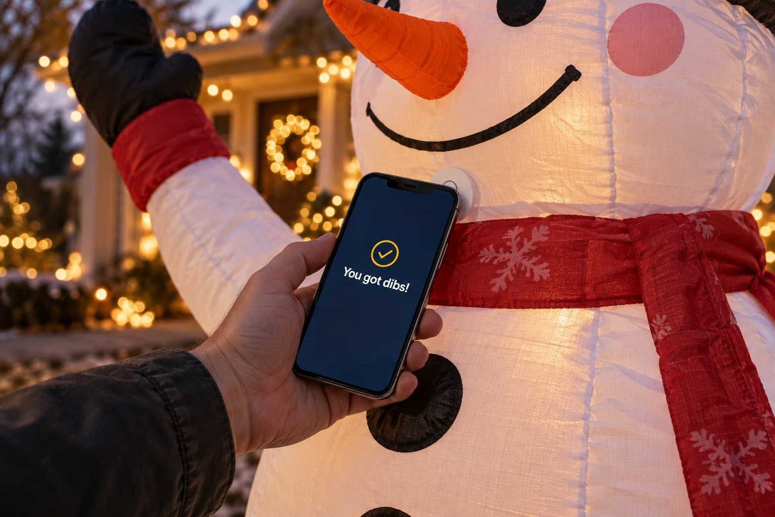 A phone held to the tag on an inflatable snowman shows “You got dibs!”