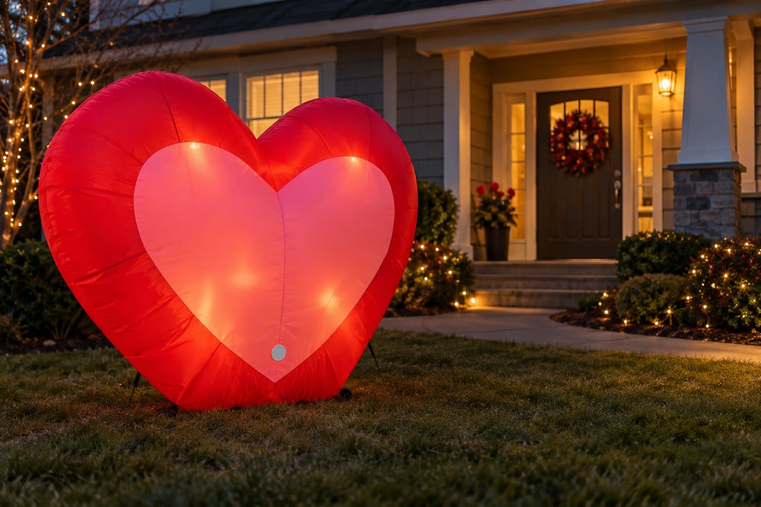 A glowing inflatable heart with a game tag on the front lawn of a house